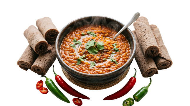 Hot and hearty lentil stew served with injera rolls and vibrant chili peppers on a clean white background
