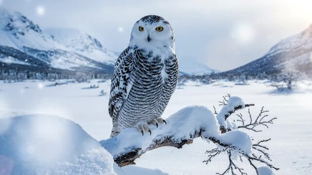 Majestic snowy owl perched on a snowy branch in a wintry landscape with falling snow and mountains