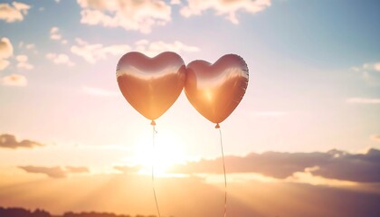 Fototapeta premium Two Heart Shaped Balloons Floating in a Sunset Sky