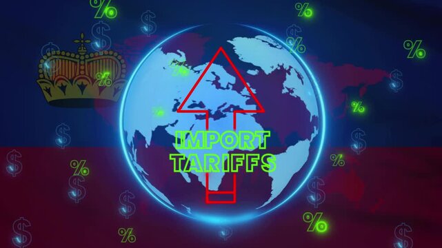 Illustration showing import tariffs with globe and up arrow, highlighting economic implications and trade dynamics, with a visual representation of financial concepts.