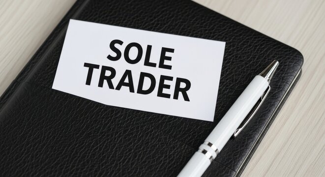 Sole trader business concept, white card with sole trader text on black leather notebook, professional office desk with pen and stationery