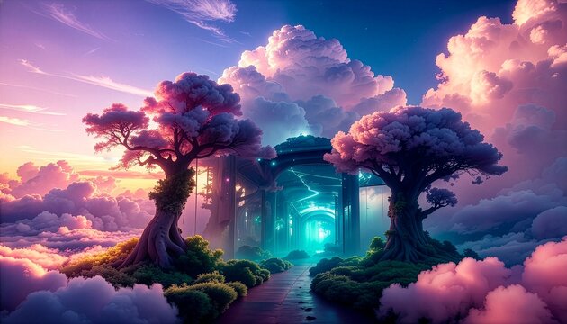 Surreal dreamscape with ancient trees and glowing futuristic architecture. Widescreen Wallpaper.