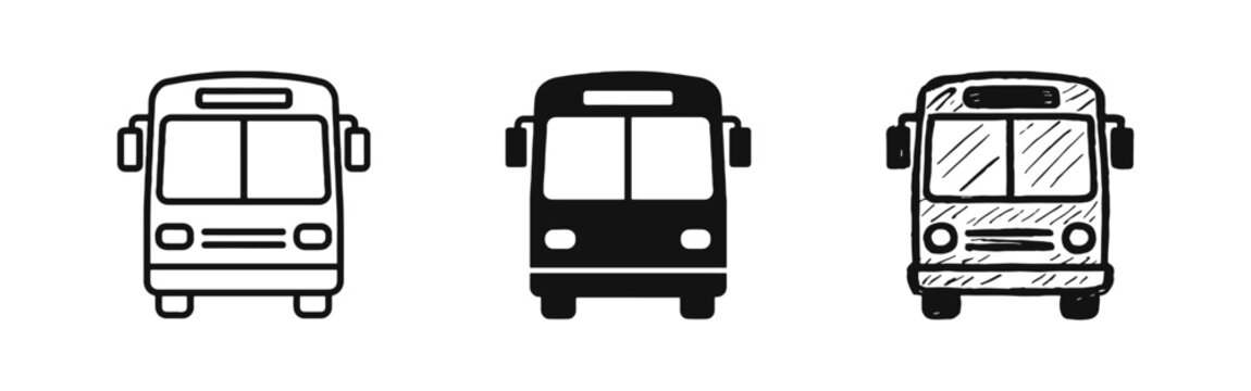 Bus Transportation Icon Set, Public Transit Vehicle Symbol in Outline, Solid and Sketched Styles