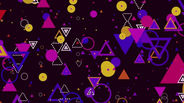 4K seamless VJ loop with vibrant floating orange and purple triangle and circle shapes over a dark background for party visuals, children's events, stage screens, music festivals and LED video walls