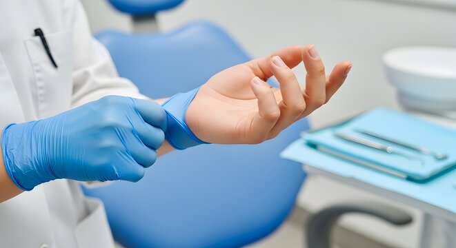 A dentist examining a patient's hand with a black penlight in a modern dental clinic setting
