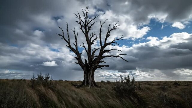 Dramatic dead tree silhouetted against a cloudy sky in a desolate landscape with swaying grass