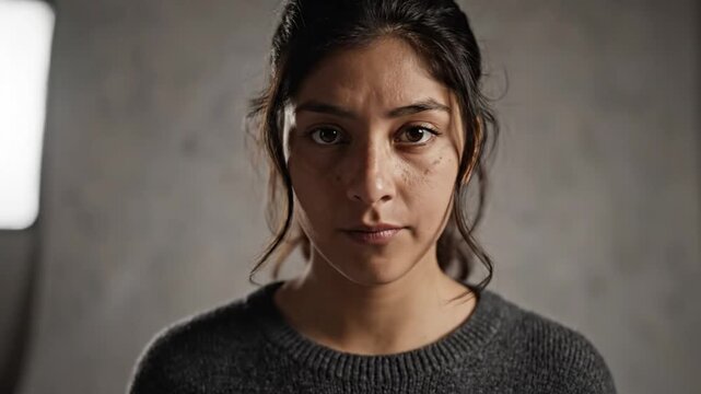 Focused woman looking directly at the camera with an intense expression and short breath against a neutral backdrop