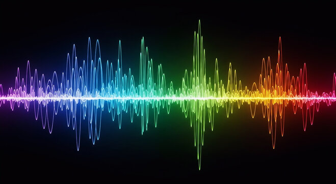 Vibrant audio waveform visualization with colorful spectrum reflections