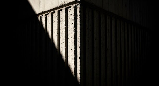Sunlight creates stark contrast on textured concrete architectural corner