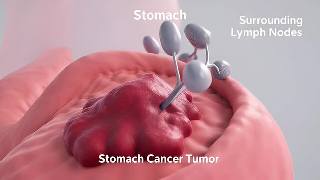 3D model of stomach cancer tumor with surrounding lymph nodes, showcasing detailed anatomical features and progression of cancerous growth in the stomach region