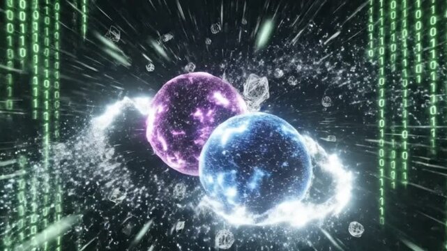 Abstract Digital Collision Two Glowing Orbs Merging with Binary Code Matrix
