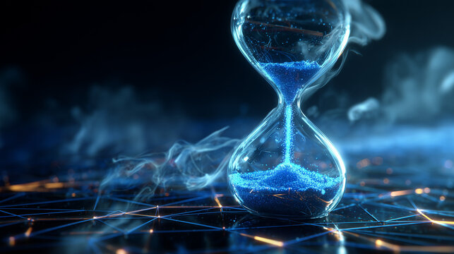 Futuristic hourglass with blue glowing sand rests on abstract neon digital network grid. Smoke swirls around glowing lines. Time is running out in this tech world