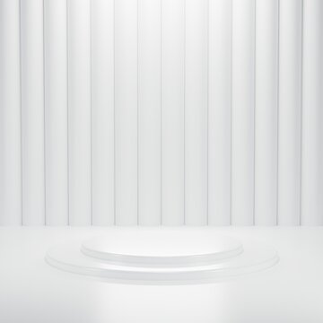 3D white two-tier round cylinder podium for premium product display, featuring minimalist vertical stripe wall texture and circular backdrop in a clean studio.