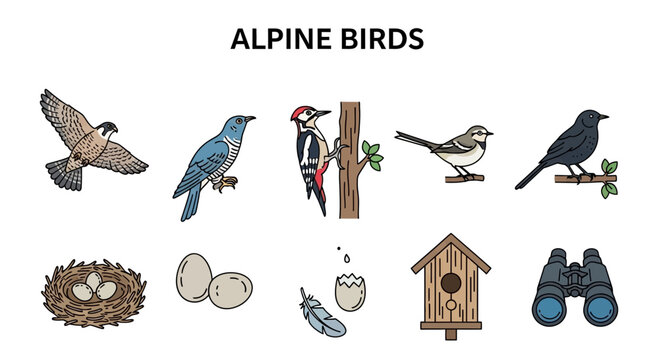Collection of Alpine Birds and Related Elements Hand-Drawn Illustration.