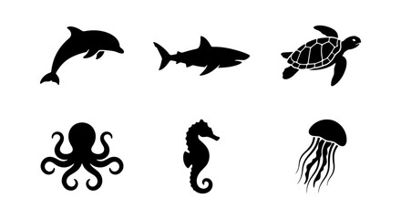 Sea animal silhouette collection, 6 black aquatic creature icons, minimalist ocean life vector set with shark, dolphin, turtle, octopus, seahorse and jellyfish © Sumaiya