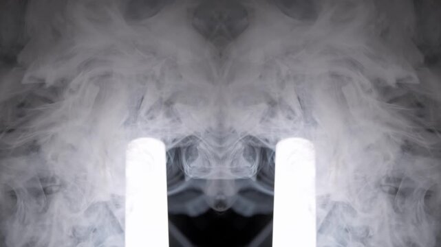 White smoke billows in a perfectly symmetrical mirrored pattern against a black backdrop. Concept of duality and atmospheric mystery in an abstract fluid motion.