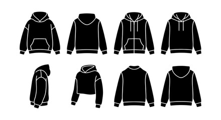 Black hoodie mockup icons set, 8 apparel vector templates, hooded sweatshirt and streetwear silhouettes, flat clothing design for fashion branding © Sumaiya