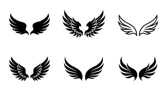 Heraldic wing silhouettes collection, 6 black eagle and angel wings vector set, tribal feather wing icons for logo design and tattoo art