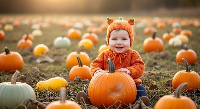 Adorable baby in pumpkin hat sits in field surrounded by pumpkins