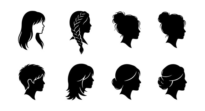 Female hairstyle silhouettes set, 8 woman head profile icons with diverse hair cuts, black beauty salon vector graphics for logo design