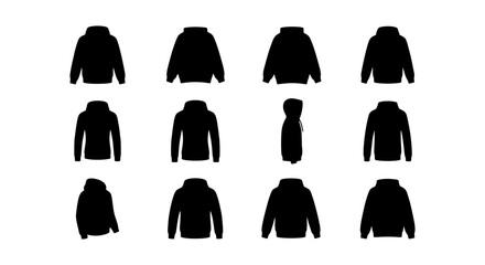 Black hoodie silhouette collection, set of 12 hooded sweatshirt icons in vector format, streetwear apparel templates for fashion design and mockups © MdRipon