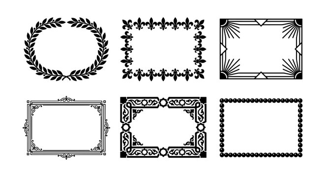 Vintage decorative frames and borders set, 6 black vector ornamental frames, elegant laurel wreath and art deco border collection for wedding invitations