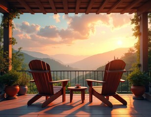Obraz premium Two empty wooden chairs sit on a porch overlooking mountain layers at sunset. A small table with a cup sits between them. Warm light illuminates the scene.