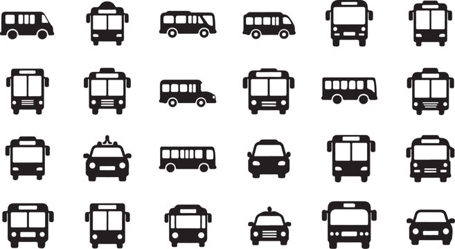Transportation icons, vehicle symbols, bus signs, 25 black silhouette graphics