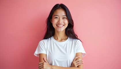 Fototapeta premium Young Asian woman smiles confidently, arms crossed over white t-shirt. Person stands against a solid pink backdrop, looking directly forward with a happy expression and bright eyes.