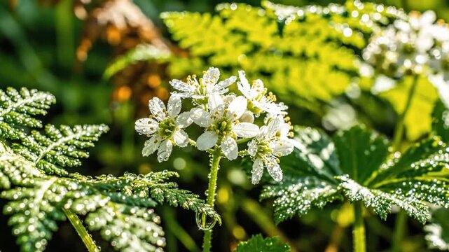 Morning dew glistens on white flowers as a bumblebee flies through a sunlit forest scene