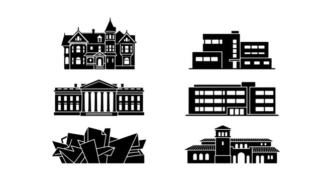 Architectural building icons set, black silhouette house and museum vector illustrations, modern and classical landmark structures for urban planning