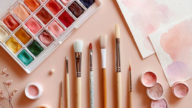 Pastel spring flat lay featuring watercolor paint palette, brushes, and paper on a soft peach background, gentle natural lighting, artistic arrangement with subtle paint stains and airy composition