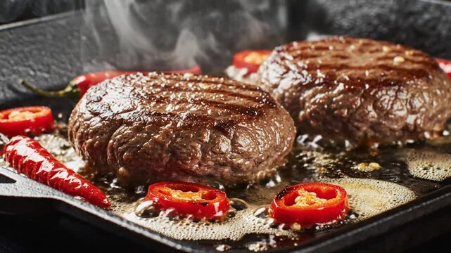 Close-up shot of juicy beef burgers sizzling on a hot cast iron griddle with red chili peppers for a flavorful meal.