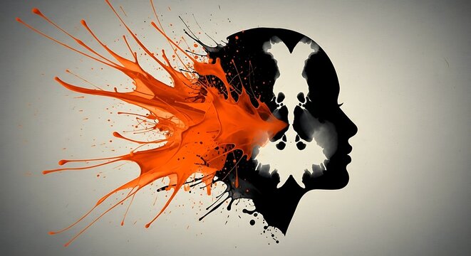 Abstract profile explodes with orange ink, suggesting thoughts and ideas
