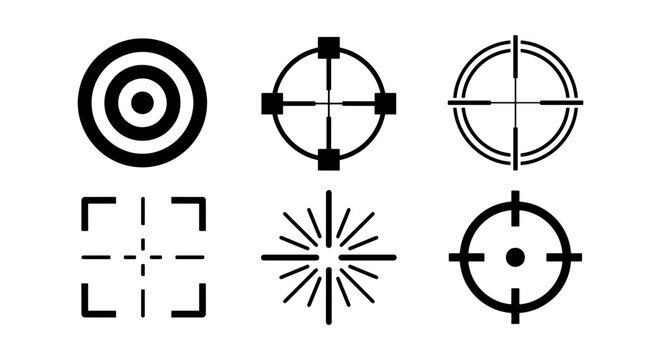 Crosshair and target icon set, 6 black vector reticle symbols, sniper aim and bullseye collection for gaming and hunting UI