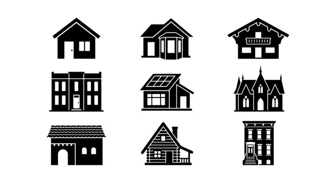 Minimalist house icons set, 9 black vector building silhouettes, residential architecture and real estate property symbols for web design