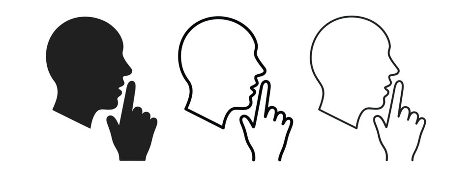 Keep quiet gesture icon set silence secret prohibition vector illustration, finger on lips symbol flat line glyph and outline design
