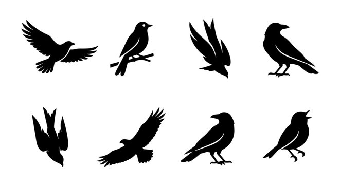 Black bird silhouettes collection, set of 8 vector bird icons in flight and perched, minimalist raven and crow shapes for nature logos