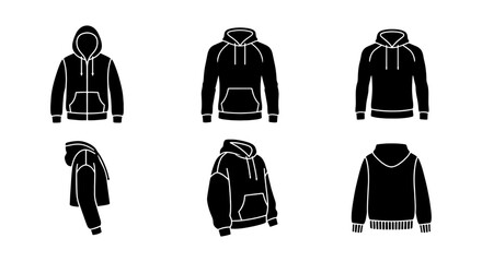 Black hoodie vector icons set, hooded sweatshirt apparel templates in front back and side views, 6 clothing garment flat silhouettes © Sadia