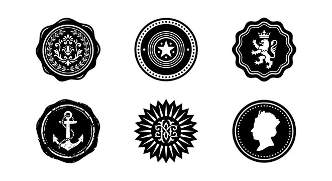 Vintage wax seal stamps collection, 6 black heraldic wax seals and royal insignias, antique heraldry vector elements for luxury branding