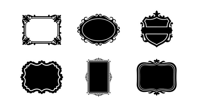 Vintage ornate frame collection, 6 black decorative border vectors, elegant baroque mirror silhouettes, classic heraldic shield and label set