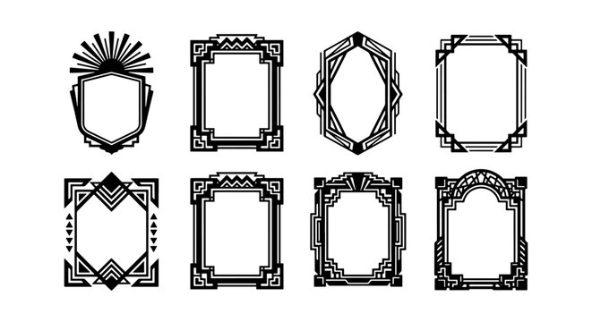Art Deco vintage frames collection, set of 8 geometric border vectors, black Gatsby style ornamental labels, elegant 1920s decorative frame elements