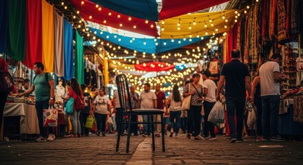 Obraz premium Bustling street scene with colorful banners, lights, and crowd of people. An empty chair sits