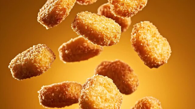 Golden Crispy Chicken Nuggets Tumbling in Slow Motion