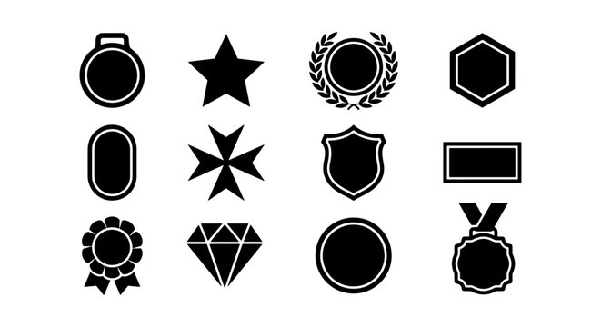 Minimalist black award icons set, 12 vector medal and trophy symbols, flat achievement badges and geometric reward shapes for gaming and business