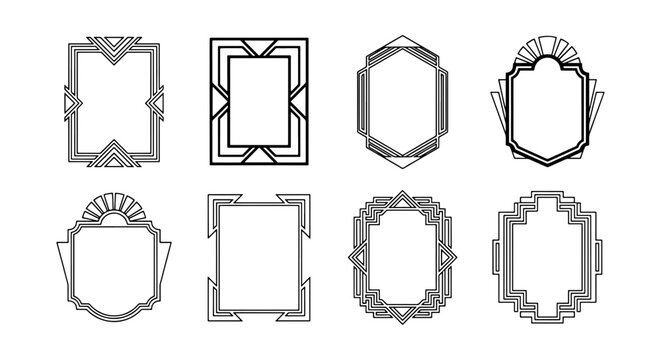 Art Deco frames collection, set of 8 geometric vintage borders, elegant black line art deco labels, decorative 1920s style vector frames for wedding invitations