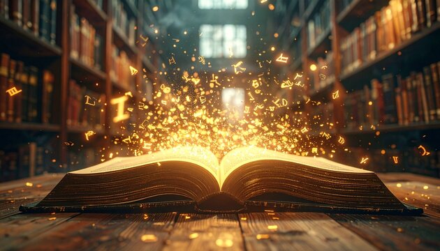 図書館の本から光る記号が逃げ出して飛び回る超現実的な風景