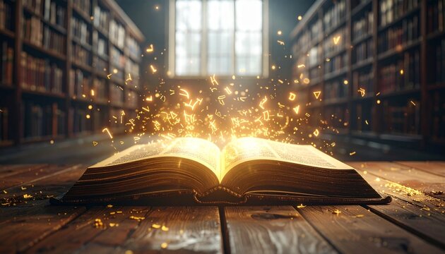 図書館の本から光る記号が逃げ出して飛び回る超現実的な風景