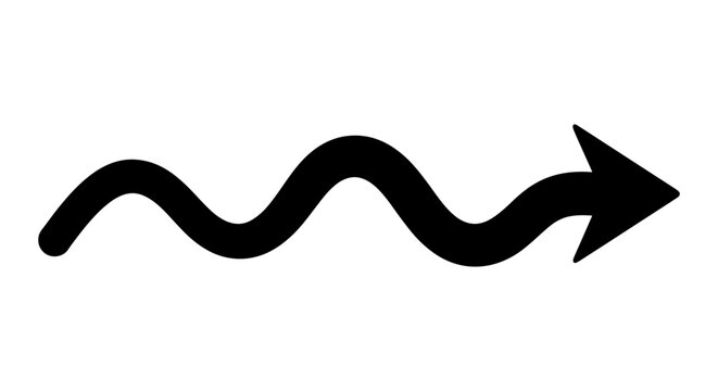 Wavy black arrow vector icon, hand drawn style squiggly pointer, curved directional sign for navigation and infographics, isolated simple line art