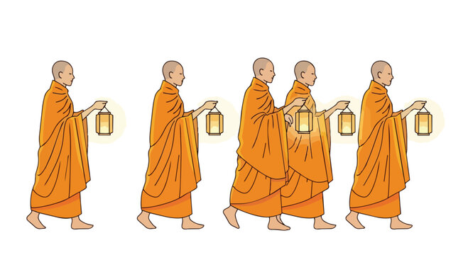 Buddhist Monks Walking with Lanterns for Vesak Day Celebration Illustration